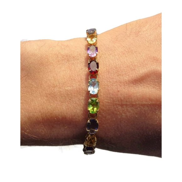 Real 14K Solid Gold Bracelet, Natural Multicolor Gemstones Appraisal Certificate - Picture 1 of 6